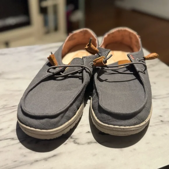 Hey Dude Gray Canvas Slip-On Loafers with Tan Accents - Picture 2 of 5